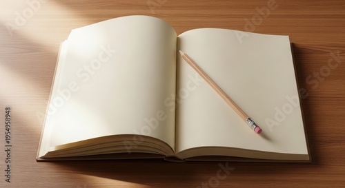Open blank notebook with wooden pencil on wooden table minimalist workspace writing concept