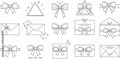 Minimalist black line icon set featuring decorative bows ribbons gift boxes and envelopes for wedding invitations greeting cards elegant branding and celebration designs.