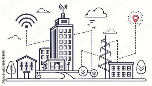 Minimal Smart City System Vector Illustration with Connected Infrastructure and Digital Technology Network