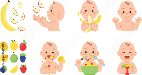 Cute Baby Eating Fruits Vector Set with Banana Apple Mango Berries and Healthy Food Feeding Scenes for Infant Nutrition Illustration and Kids Design.