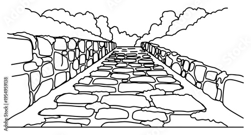 Perspective view of a stone paved walkway leading through garden bushes in line art