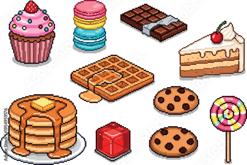 A delightful assortment of pixel art pastries, including cupcakes, macarons, waffles, cookies, and cake slices, perfect for digital art projects