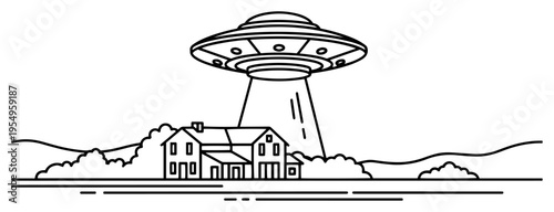 Flying saucer hovering above a rural house in simple line art illustration style