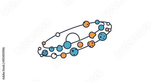 A stylized illustration of interconnected blue and orange circles and dots forming a network on a white background