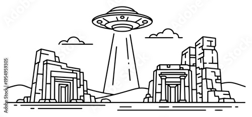 Flying saucer hovering over ancient ruins and temple structures in minimalist line art