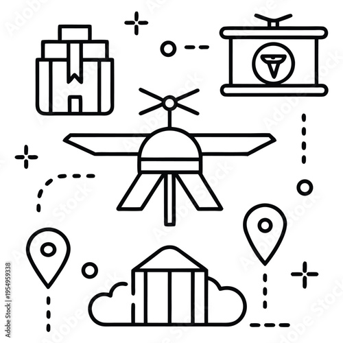 Drone delivery illustration with boxes, navigation markers, and a futuristic warehouse concept showcasing the efficiency of unmanned aerial vehicle transportation in a clean, modern style.