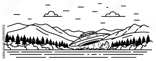 Crashed flying saucer in a wild pine forest landscape with mountain backdrop