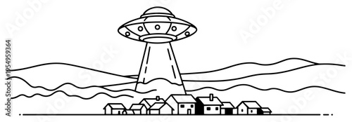 Extraterrestrial spacecraft hovering above a small village nestled in mountain hills