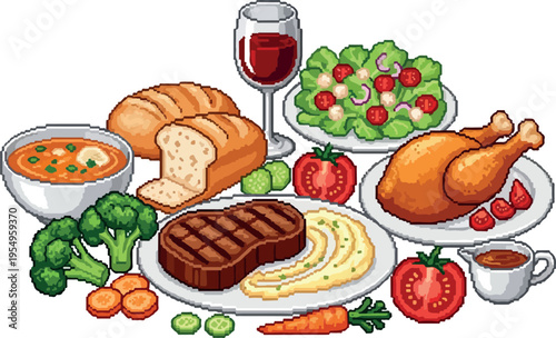 Delicious pixel art illustration of a hearty meal featuring a roasted chicken, steak, mashed potatoes, soup, salad, bread, and a glass of red wine, perfect for culinary and food-related projects