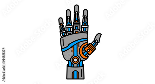 A robotic hand with blue and orange circuits and wires is shown in a stop gesture on a white background