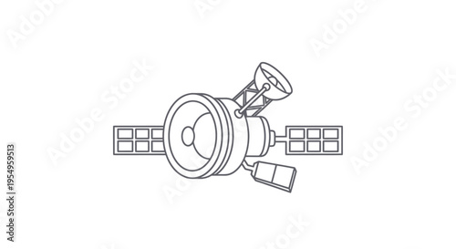 A detailed line drawing of a satellite in space with solar panels and antennae, depicted in a minimalist style with clean lines and a neutral background