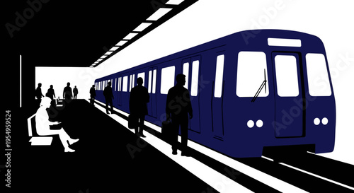 A blue subway train arrives at a station platform with passengers depicted in a striking silhouette high quality professional detailed modern