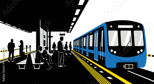 A vibrant blue subway train arrives at a station platform with waiting passengers depicted in stark silhouette high quality professional detailed