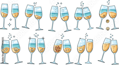 Summer beach themed champagne toast vector set featuring wine glasses with ocean waves sand and seashells for tropical wedding invitations and seaside celebration designs.