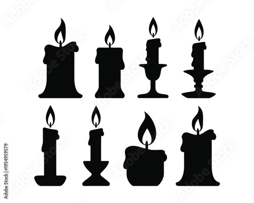 Candle silhouette icon set with burning flames, wax pillars, spiritual memorial symbols for vigil service, funeral program, worship design elements