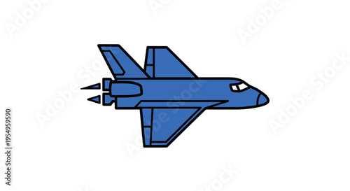 A blue cartoon fighter jet flying with missiles attached under the wings against a plain white background