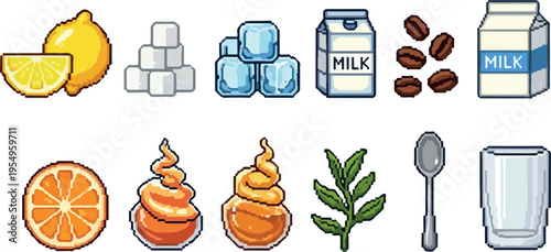 Collection of fresh ingredients and items for making drinks and desserts, including fruits, sugar, ice, coffee, milk, and spoons