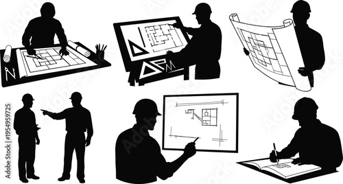 Architect and Engineer Silhouette Set Featuring Professional Construction Workers Planning Blueprints and Architectural Building Projects for Industrial Civil Engineering Vector DesignArchitect  