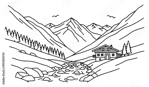 Vector line art of a cozy mountain chalet by a rocky stream in the alpine landscape