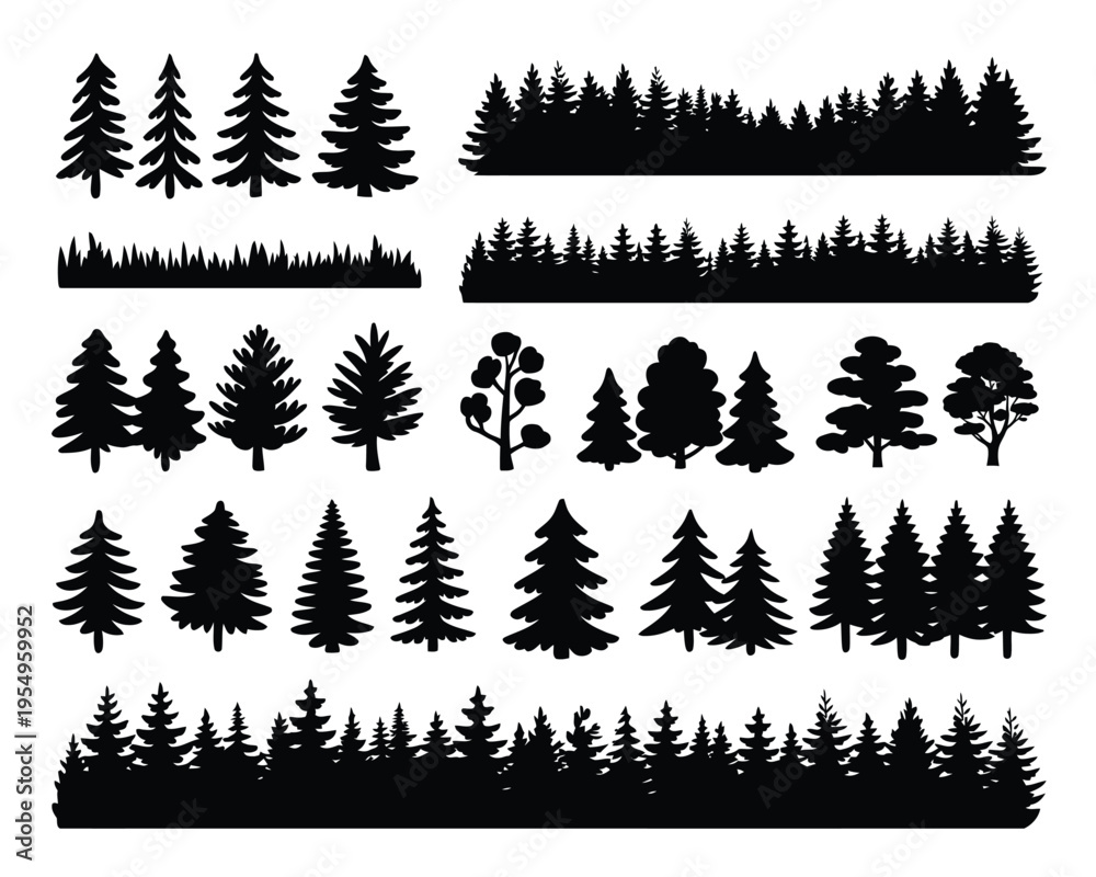 Obraz premium Pine tree forest silhouettes, nature woodland border, coniferous evergreen landscape, outdoor park design, spruce grove, vector set