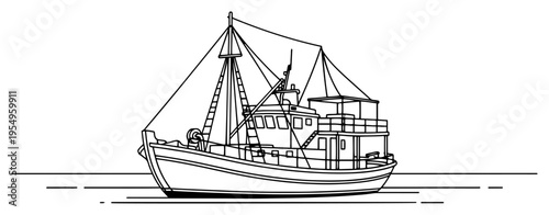 Commercial fishing boat on calm sea waters in minimalist line art style