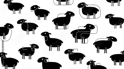 Sheep silhouettes scattered and repeating across white surface, no seamless