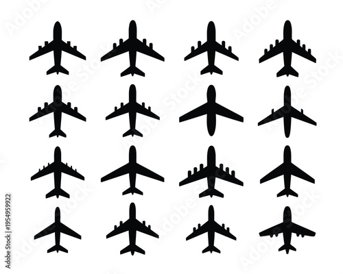 Airplane silhouette collection, flight travel icons, aviation transport signs, aircraft shapes, pilot journey theme, black vector set