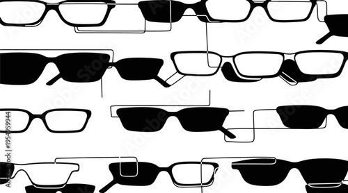 Eyeglass frames arranged in horizontal rows on white, no seamless