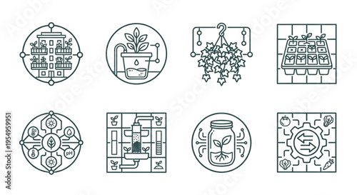 Smart Farming, Urban Agriculture, and Hydroponics Minimalist Icon Set.