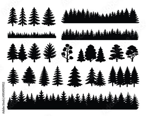 Pine tree forest silhouettes, nature woodland border, coniferous evergreen landscape, outdoor park design, spruce grove, vector set