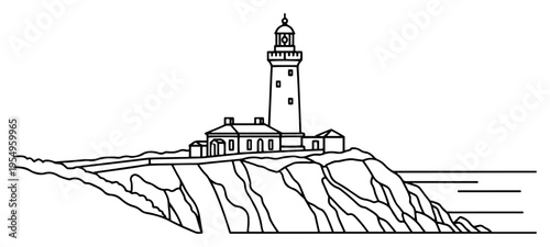 Lighthouse on a steep rocky cliff by the ocean in simple line art