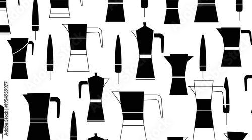 Moka pot and knife silhouettes arranged in repeating pattern, no seamless