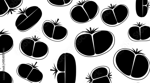 Tomato halves scattered across white seamless background, no seamless