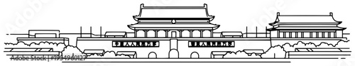 Architectural line art illustration of the entrance gate to the Forbidden City in Beijing China