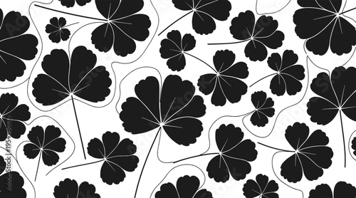 Seamless clover leaf pattern scattered on white background, no seamless