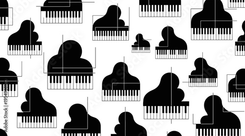 Grand piano silhouettes repeated across white canvas in pattern, no seamless