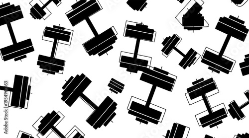Dumbbell silhouettes scattered in repeating gym equipment pattern, no seamless