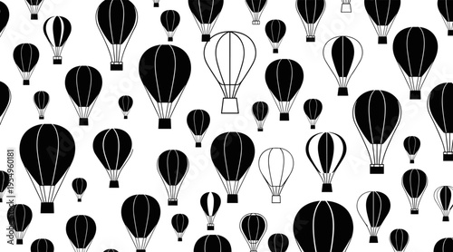 Hot air balloon silhouettes floating pattern on white background, no seamless