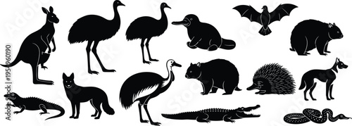 Australian Wildlife Silhouette Icon Set Featuring Kangaroo Emu Platypus Wombat Echidna Koala Crocodile And Snake For Nature Travel And Educational Vector Design.