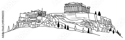 Detailed line art landscape of the Acropolis and Parthenon temple in Athens