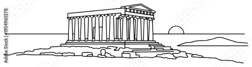 Minimalist line art illustration of an ancient Greek temple overlooking the sea at sunset
