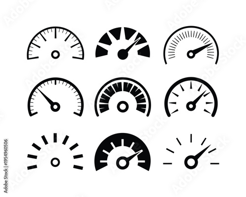 Speedometer gauge icon set, dashboard meters and tachometer arcs, car show poster graphics, motorsport event session branding, vector pack