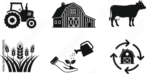 Black agriculture icons set featuring tractor barn cow wheat watering and sustainable farming cycle symbols isolated on a white background.