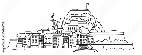 Minimalist line art illustration of a coastal Mediterranean town with a hilltop fortress