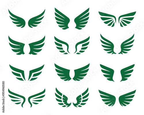 Wing logo collection, green feather silhouettes for aviation day poster, memorial tribute session branding, guardian angel charity event graphics