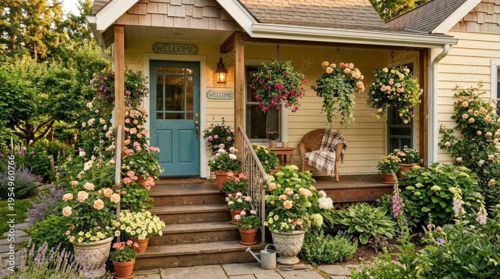 Fototapeta premium Charming yellow cottage with a welcoming porch overflowing with blooming flowers