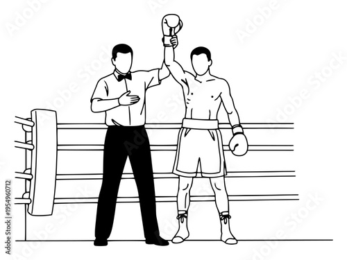 Boxing referee raising the hand of a winning athlete inside the ring in line art style