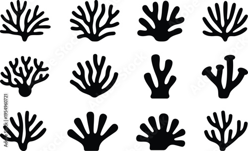 A collection of diverse black coral silhouettes displayed neatly on a clean white background