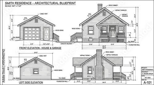 Architectural residential house blueprint showing front and side elevations with garage details and technical construction dimensions