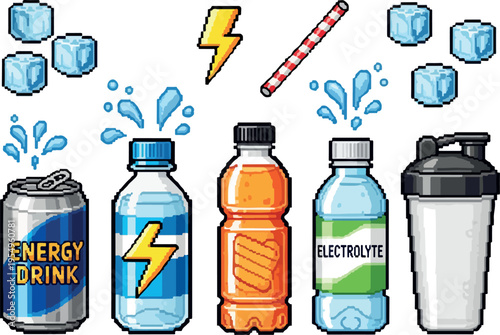 Pixel art collection of refreshing drinks, including energy drinks, water bottles, and electrolyte beverages, along with ice cubes and a striped straw for a healthy lifestyle